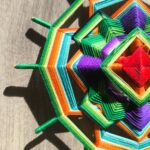 Pieza tejida en capas de color con terminaciones verdes.